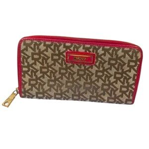DKNY Canvas Leather Monogram Zippy Zip Around Organizer Wallet Clutch Card Case
